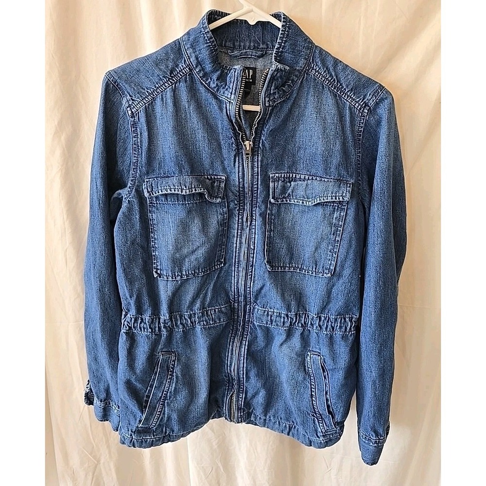 Gap Denim Full Zip Utility‎ Jean Jacket Wash Lightweight Drawstring Boho Size S